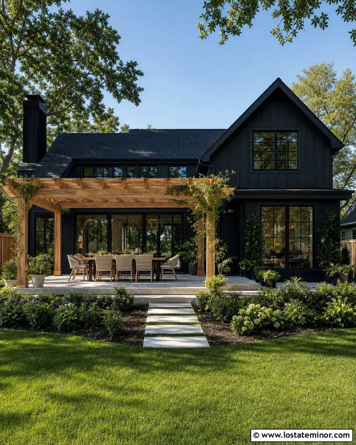 Black House With Backyard Pergola - 30 Black House Design With Backyard Ideas