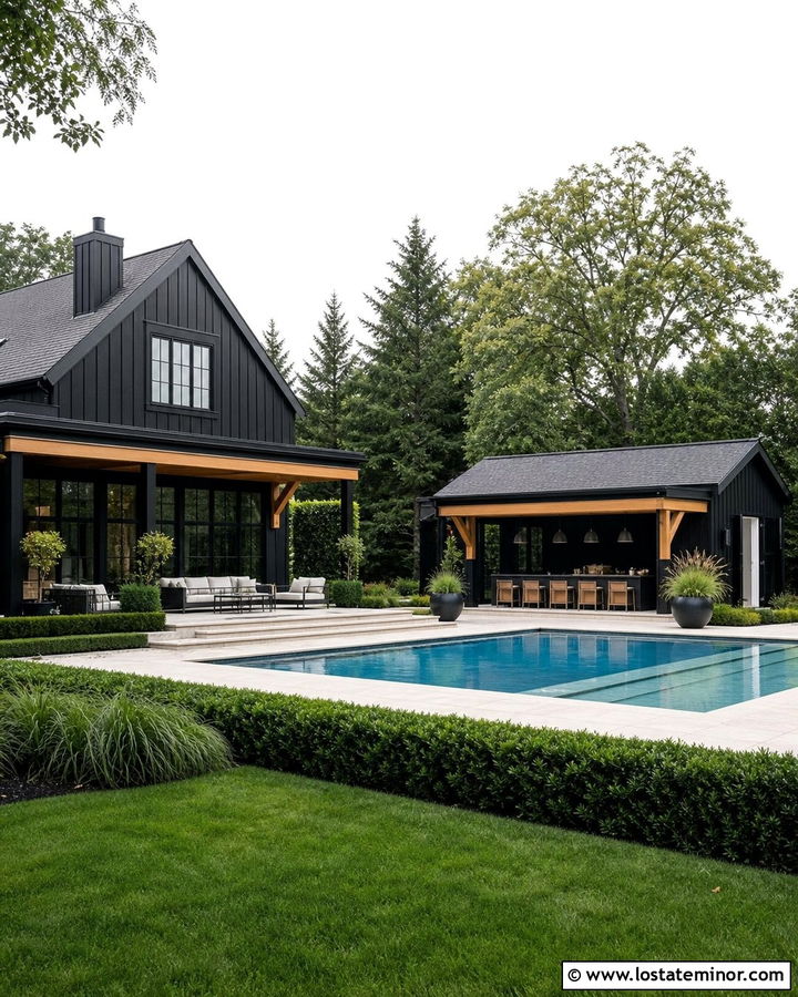 Black House With Backyard Pool House - 30 Black House Design With Backyard Ideas