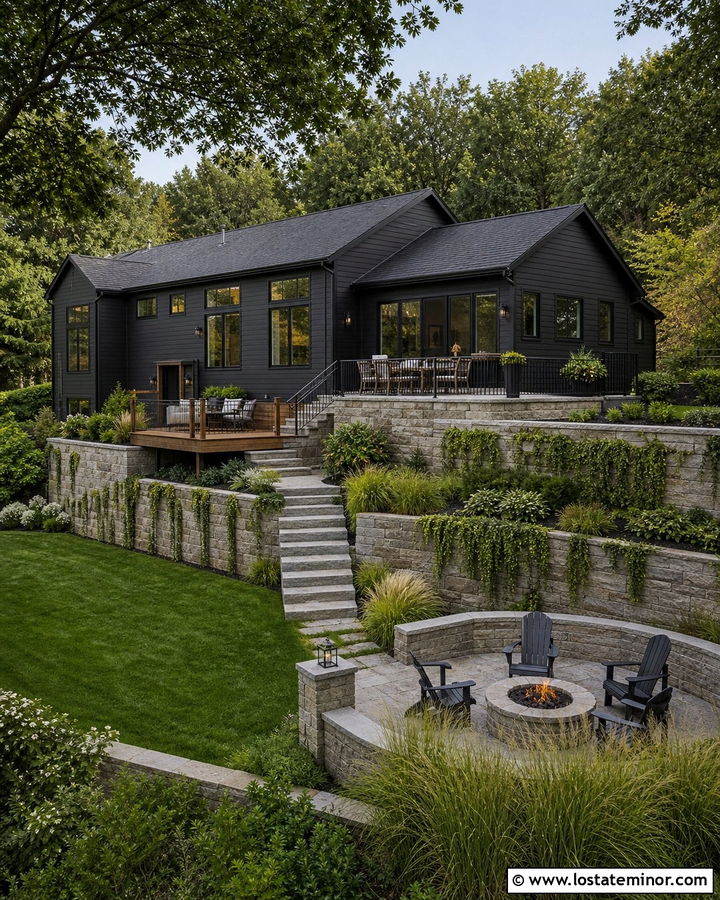 Black House With Backyard Retaining Wall - 30 Black House Design With Backyard Ideas