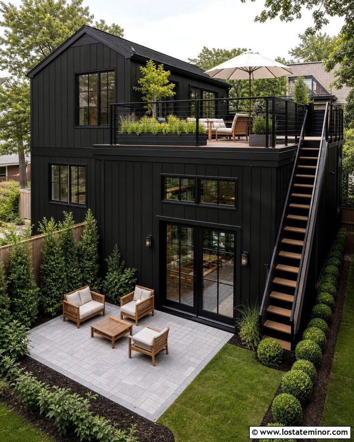 Black House With Backyard Rooftop Deck - 30 Black House Design With Backyard Ideas