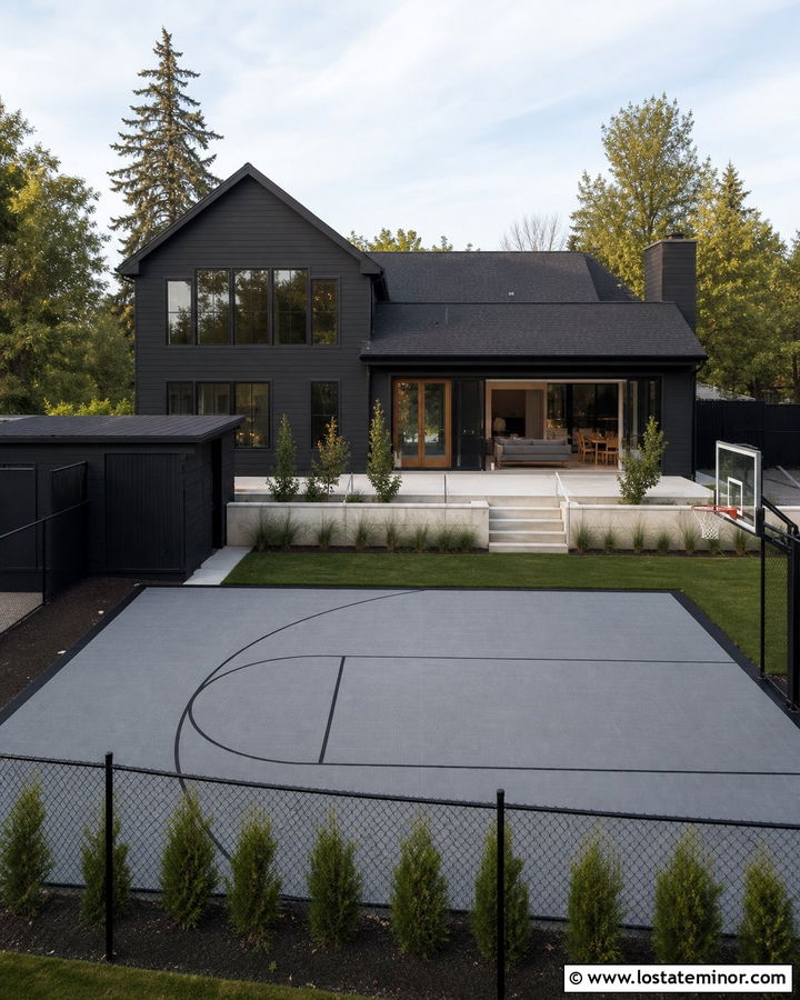 Black House With Backyard Sports Court - 30 Black House Design With Backyard Ideas