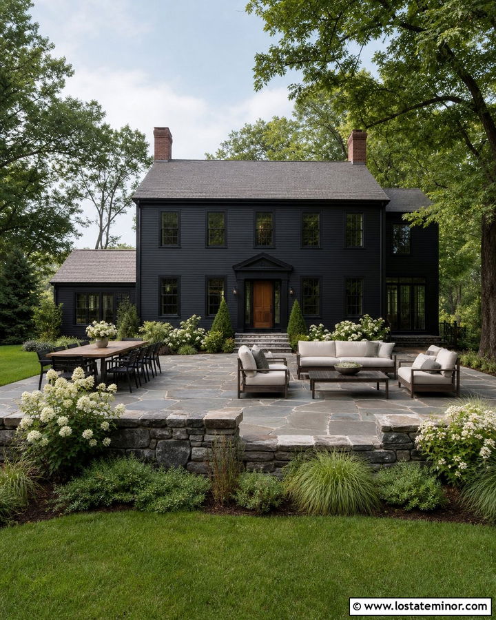 Black House With Backyard Stone Patio - 30 Black House Design With Backyard Ideas