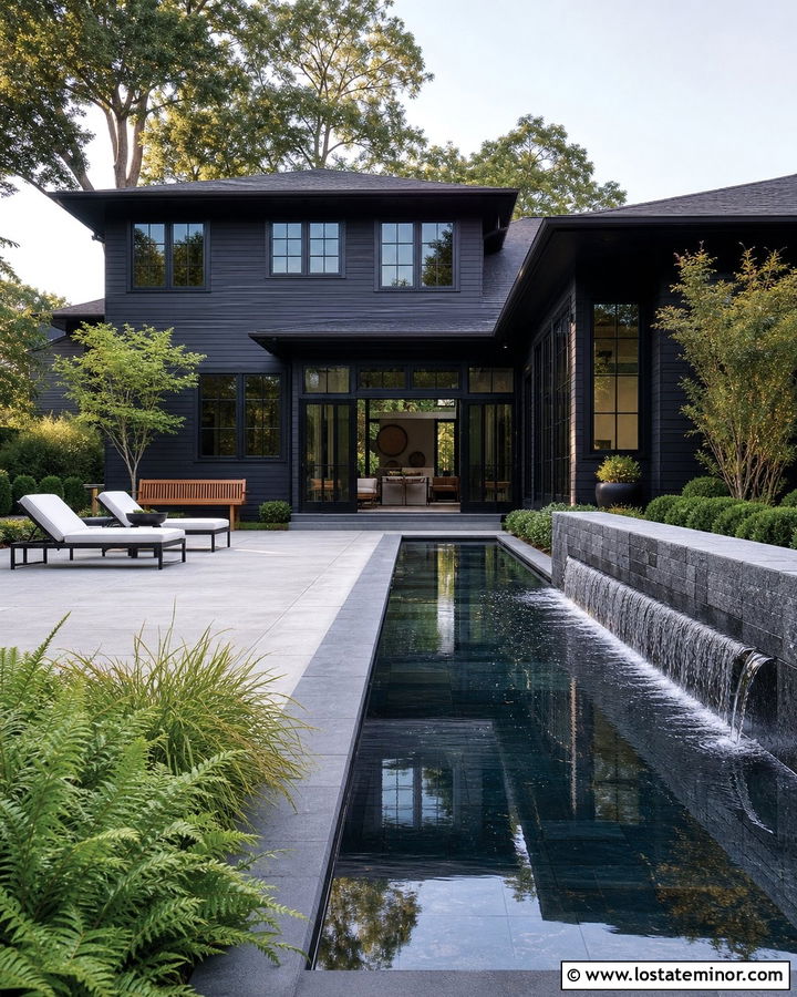 Black House With Backyard Water Feature - 30 Black House Design With Backyard Ideas