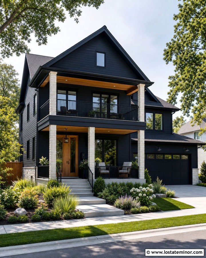 Black House With Balcony Railings - 30 Black House Design With Railings Ideas