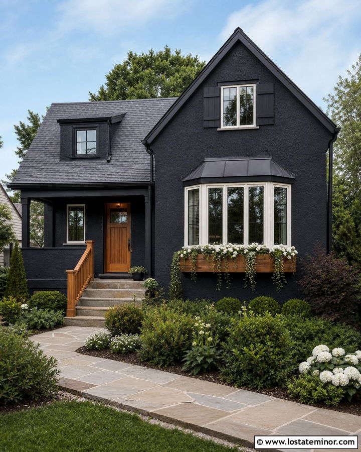 Black House With Bay Window Flower Boxes - 30 Black House Design With Window Boxes Ideas