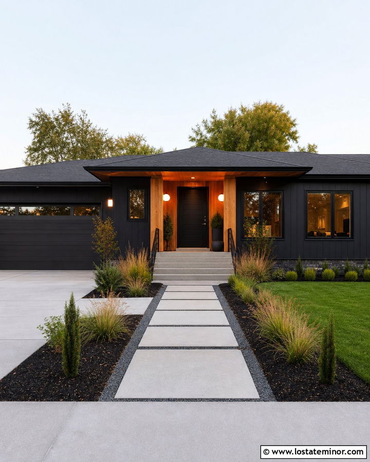 Black House With Black Door And Wood Surround - 30 Black House Design With Front Door Ideas