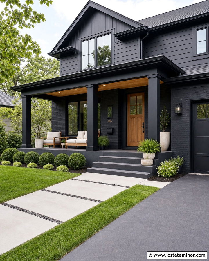 Black House With Black Front Porch - 30 Black House Design With Front Porch Ideas