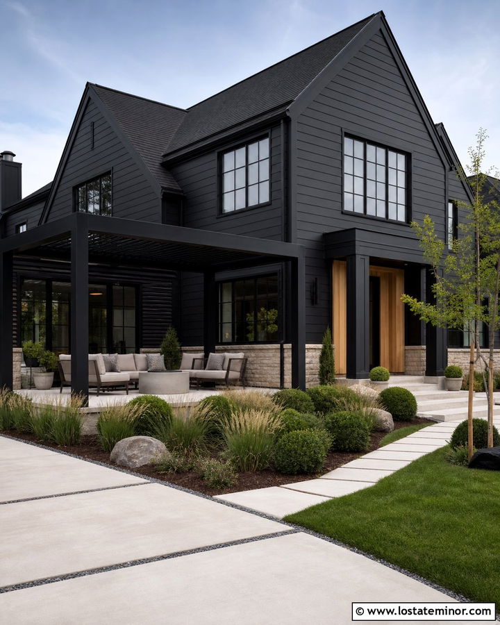 Black House With Black Pergola - 30 Black House Design With Pergola Ideas