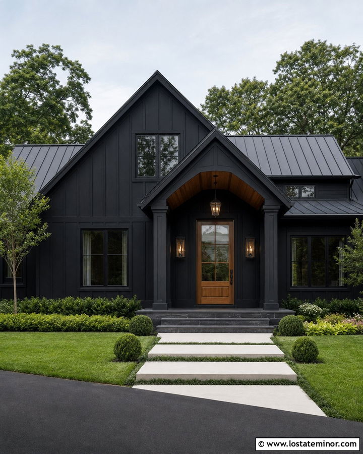 Black House With Black Portico - 30 Black House Design With Portico Ideas