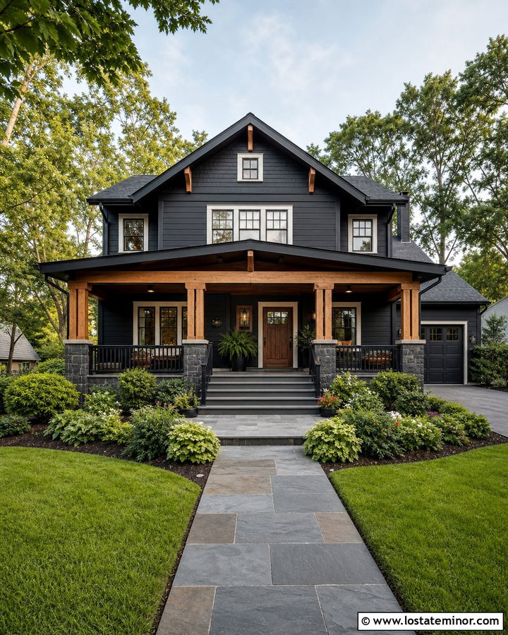 Black House With Black Roof And Covered Porch - 30 Black House Design With Roof Ideas