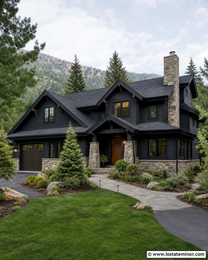 Black House With Black Roof And Stone - 30 Black House Design With Roof Ideas