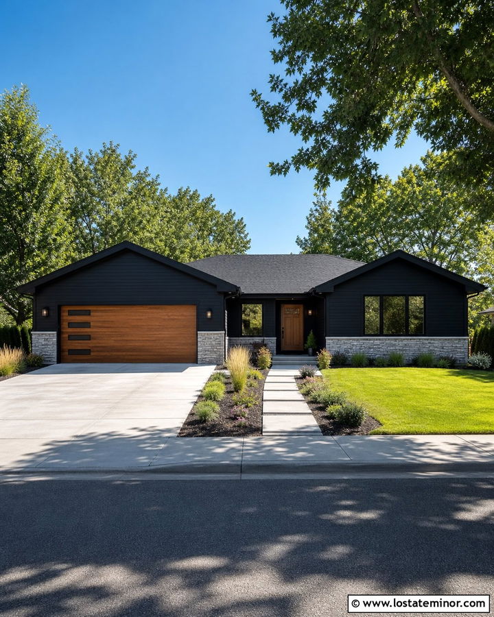 Black House With Black Roof And Wood Garage Doors - 30 Black House Design With Roof Ideas