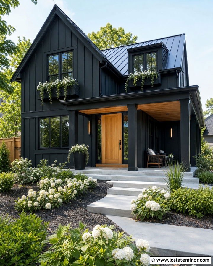 Black House With Black Window Boxes - 30 Black House Design With Window Boxes Ideas