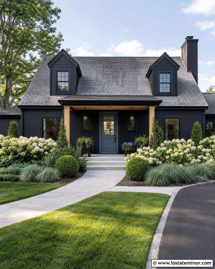 Black House With Blue Front Door And Porch - 30 Black House Design With Front Porch Ideas