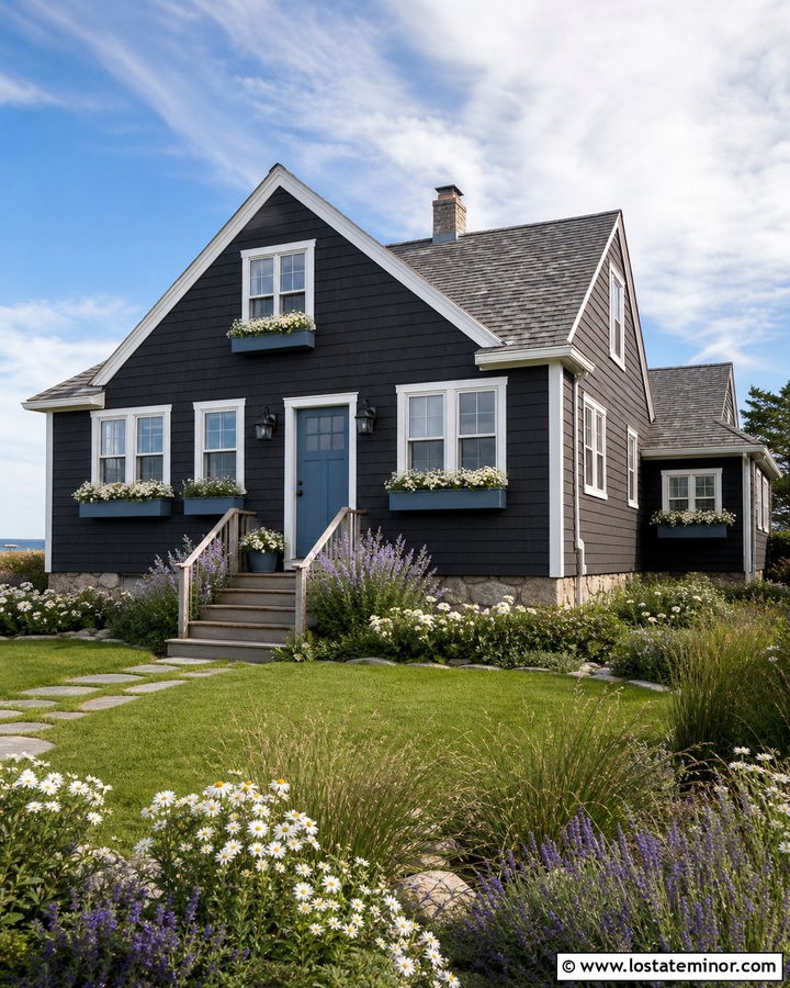Black House With Blue Window Boxes - 30 Black House Design With Window Boxes Ideas