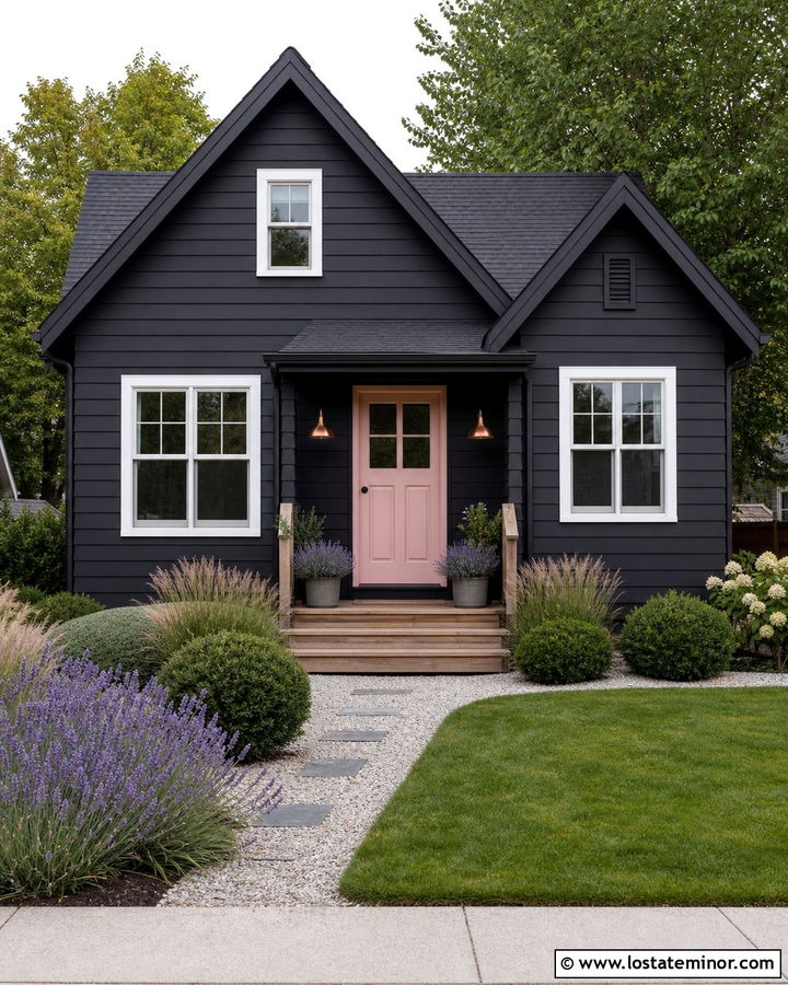 Black House With Blush Pink Front Door - 30 Black House Design With Front Door Ideas