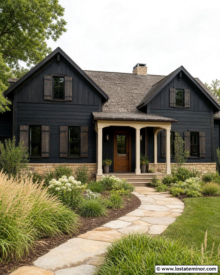 Black House With Board And Batten Shutters - 30 Black House Design With Shutters Ideas