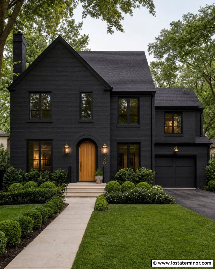 Black House With Brass Lighting Accents - 30 Black House Design With Accents Ideas