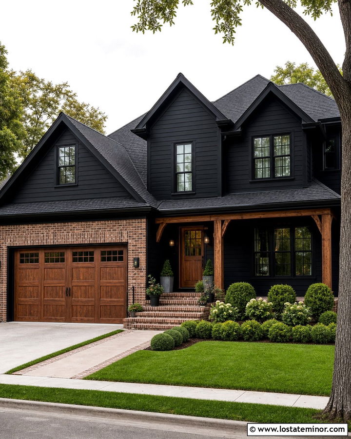Black House With Brick And Wood Garage Door - 30 Black House Design With Garage Door Ideas