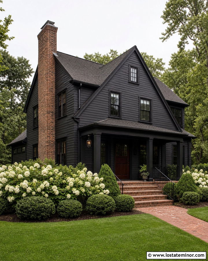 Black House With Brick Chimney - 30 Black House Design With Siding Ideas