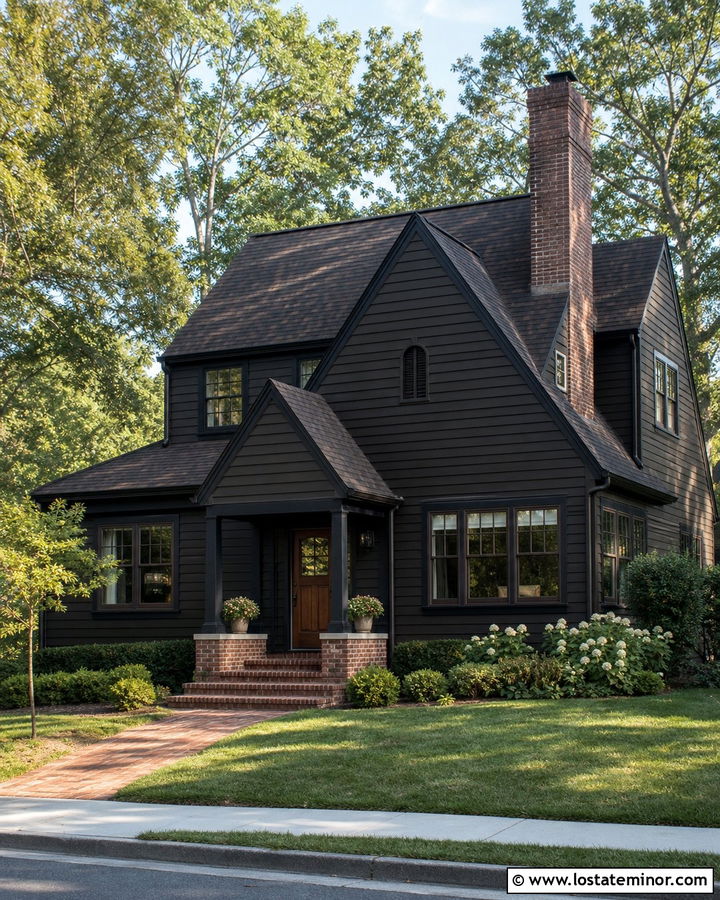 Black House With Brick Chimney And Shingles - 30 Black House Design With Shingles Ideas