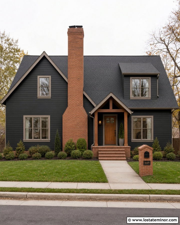 Black House With Brick Chimney - 30 Black House Design With Brick Accents Ideas