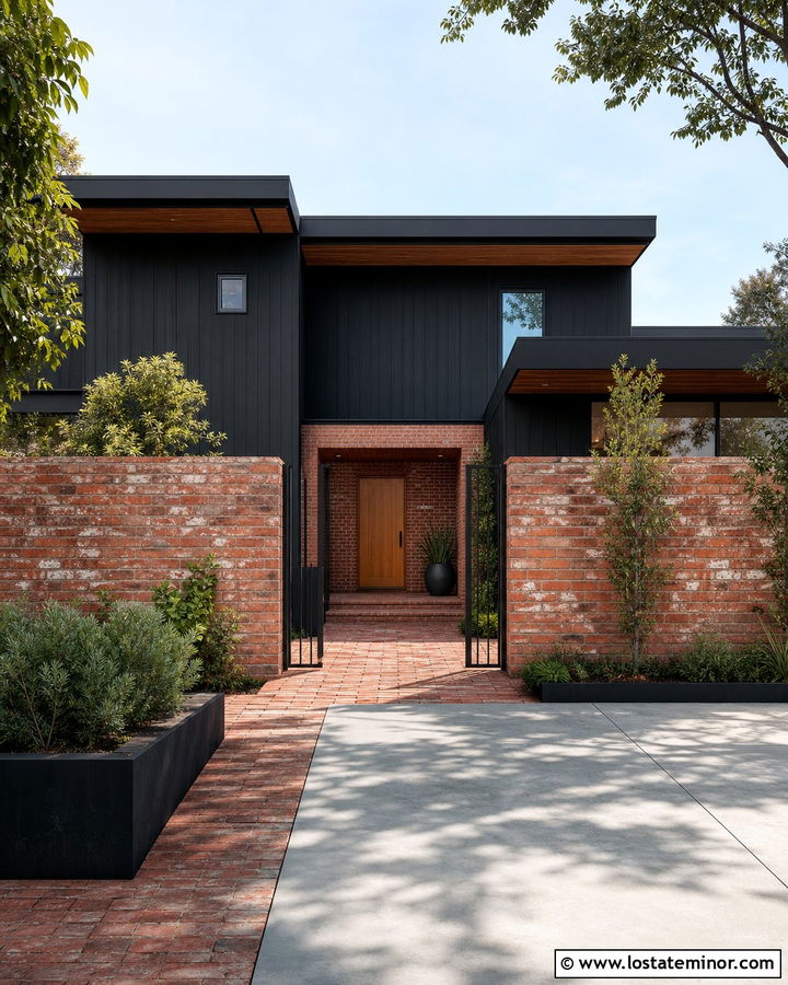 Black House With Brick Courtyard - 30 Black House Design With Brick Accents Ideas