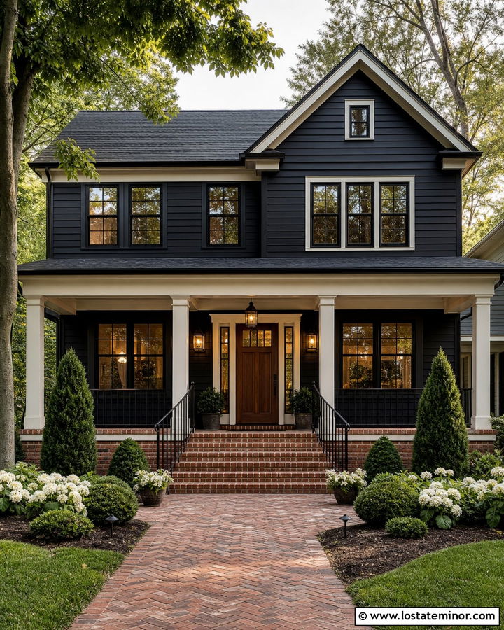 Black House With Brick Front Porch - 30 Black House Design With Front Porch Ideas