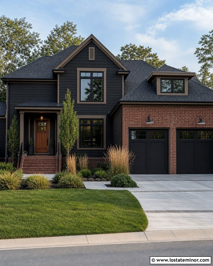Black House With Brick Garage - 30 Black House Design With Brick Accents Ideas