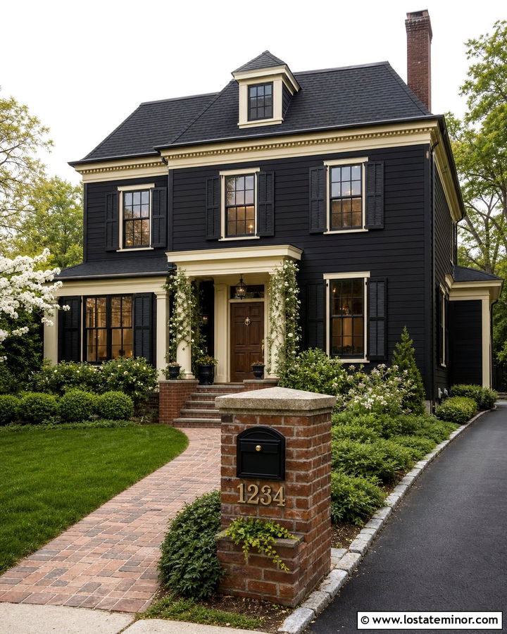 Black House With Brick Planter Mailbox - 30 Black House Design With Mailbox Ideas