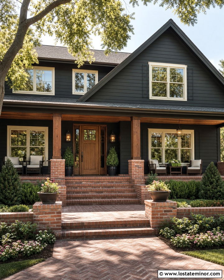 Black House With Brick Porch - 30 Black House Design With Brick Accents Ideas