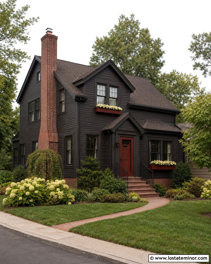 Black House With Brick Red Window Boxes - 30 Black House Design With Window Boxes Ideas