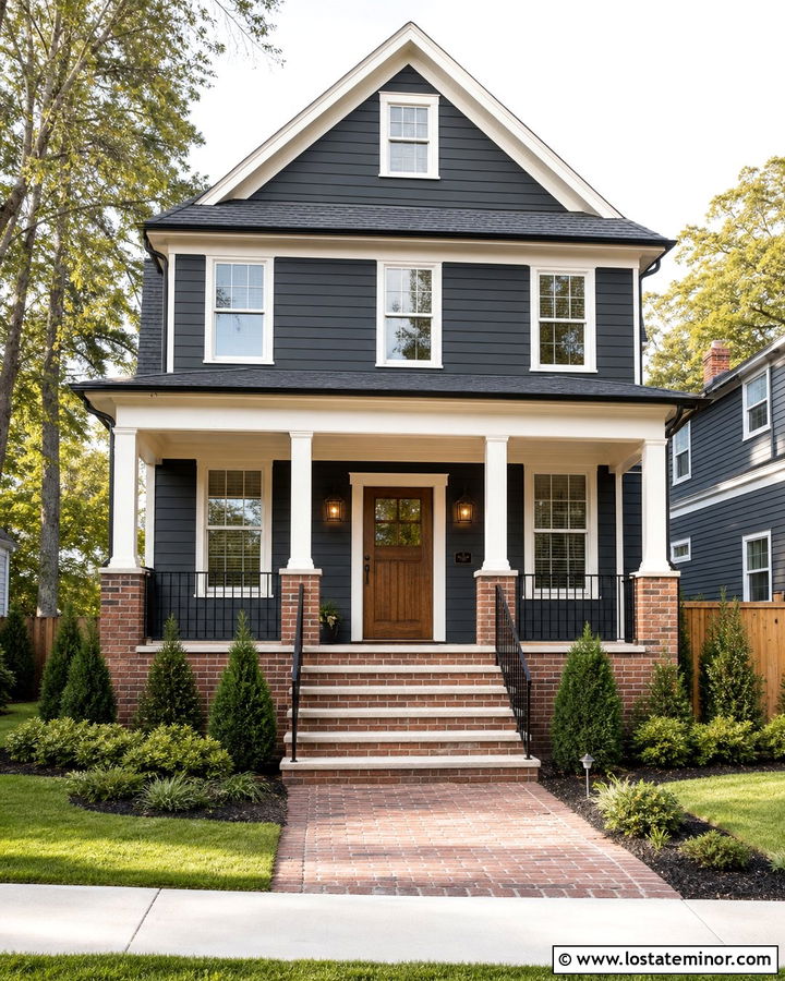 Black House With Brick Steps - 30 Black House Design With Brick Accents Ideas