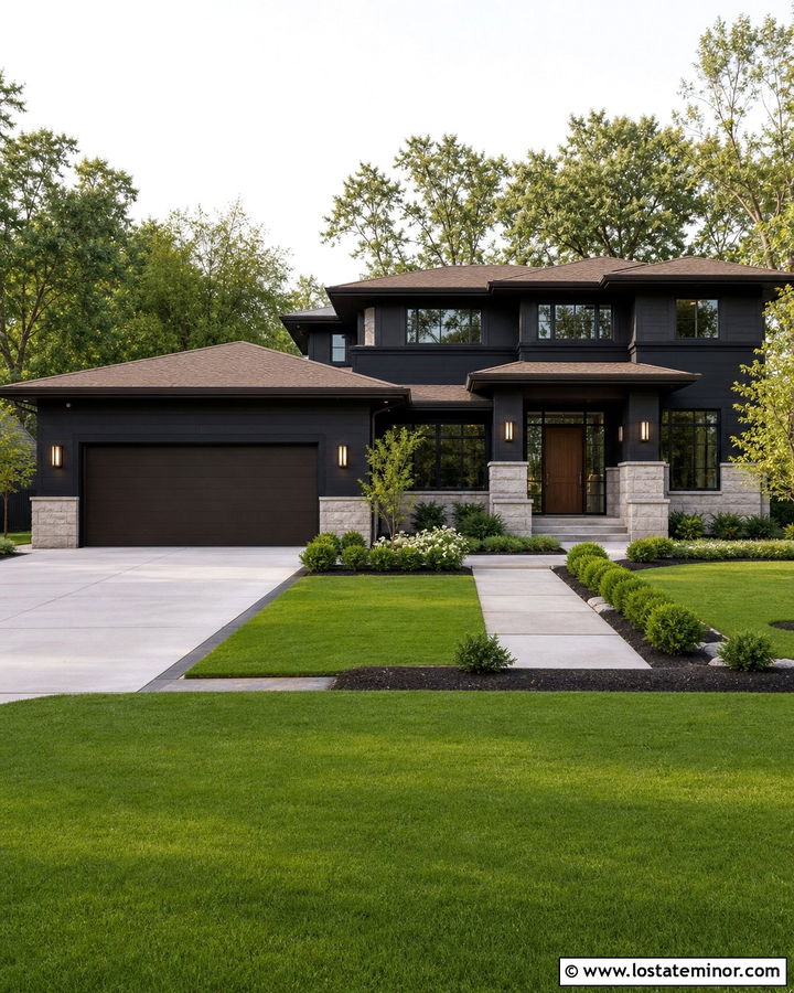 Black House With Bronze Garage Door - 30 Black House Design With Garage Door Ideas