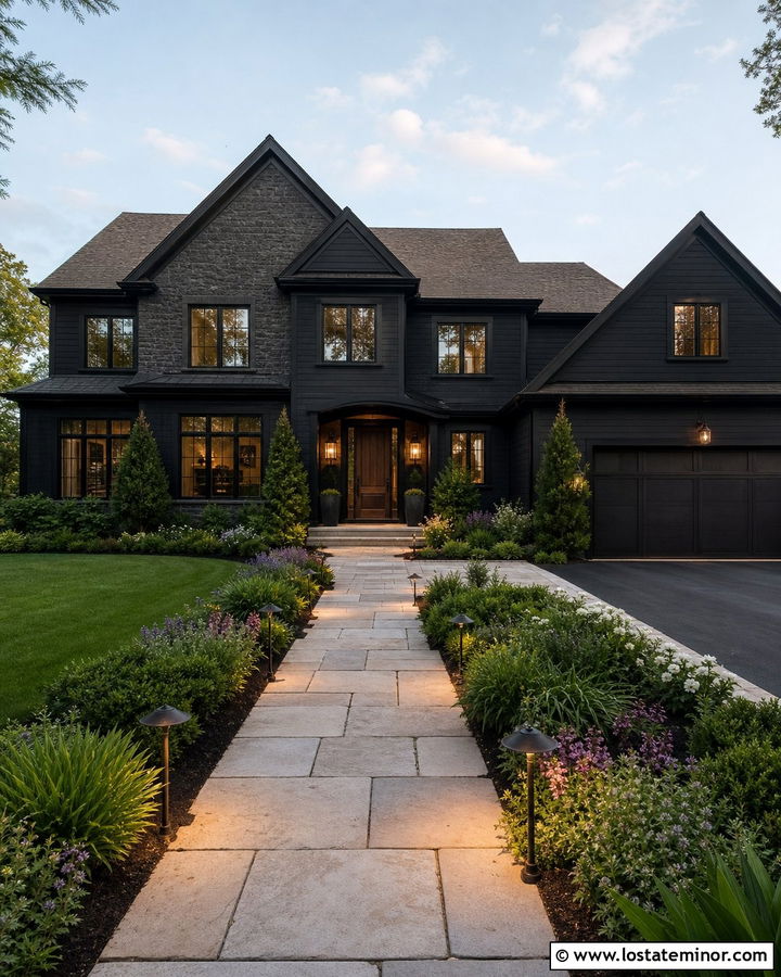 Black House With Bronze Path Lights - 30 Black House Design With Light Fixtures Ideas