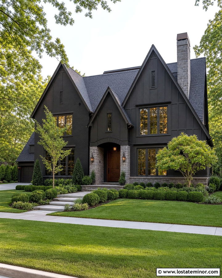 Black House With Bronze Window Accents - 30 Black House Design With Accents Ideas