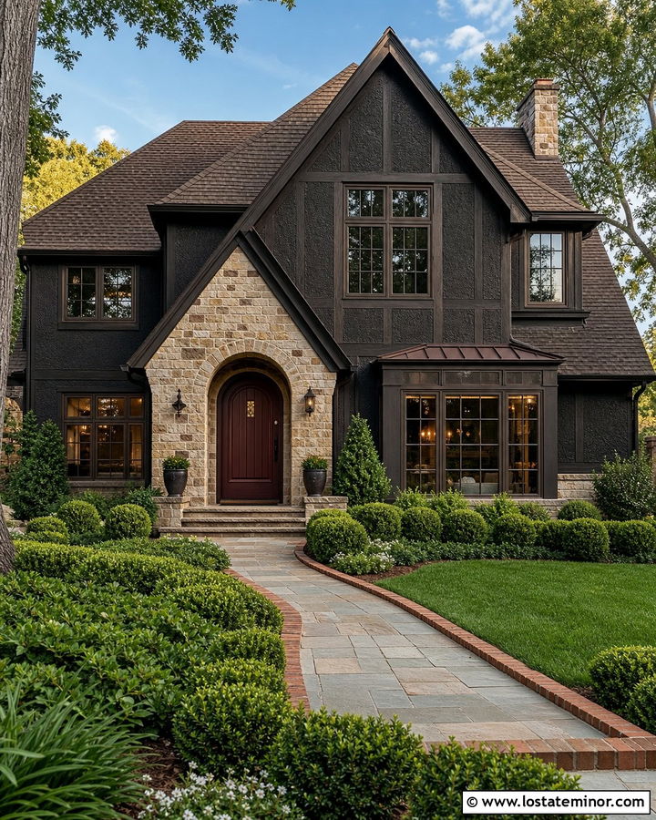 Black House With Burgundy Front Door - 30 Black House Design With Entry Door Ideas