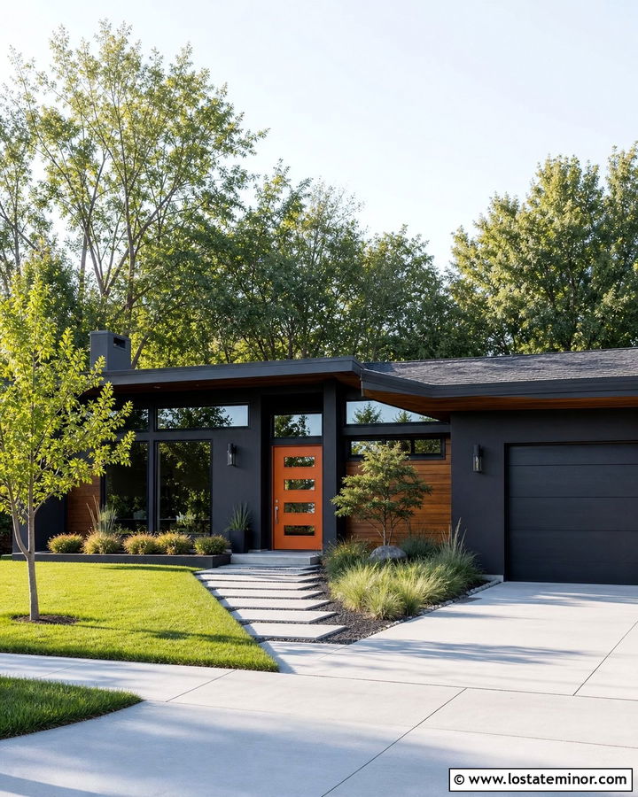 Black House With Burnt Orange Front Door - 30 Black House Design With Front Door Ideas