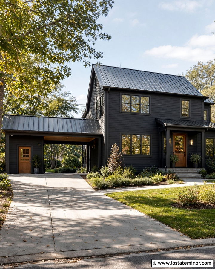 Black House With Carport Entry Walkway - 30 Black House Design With Carport Ideas