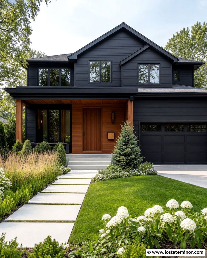 Black House With Cedar Accents And Green Lawn - 30 Black House Design With Landscaping Ideas