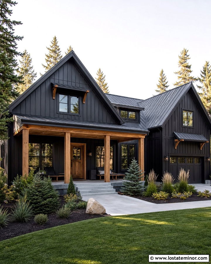 Black House With Cedar Accents - 30 Black House Design With Accents Ideas