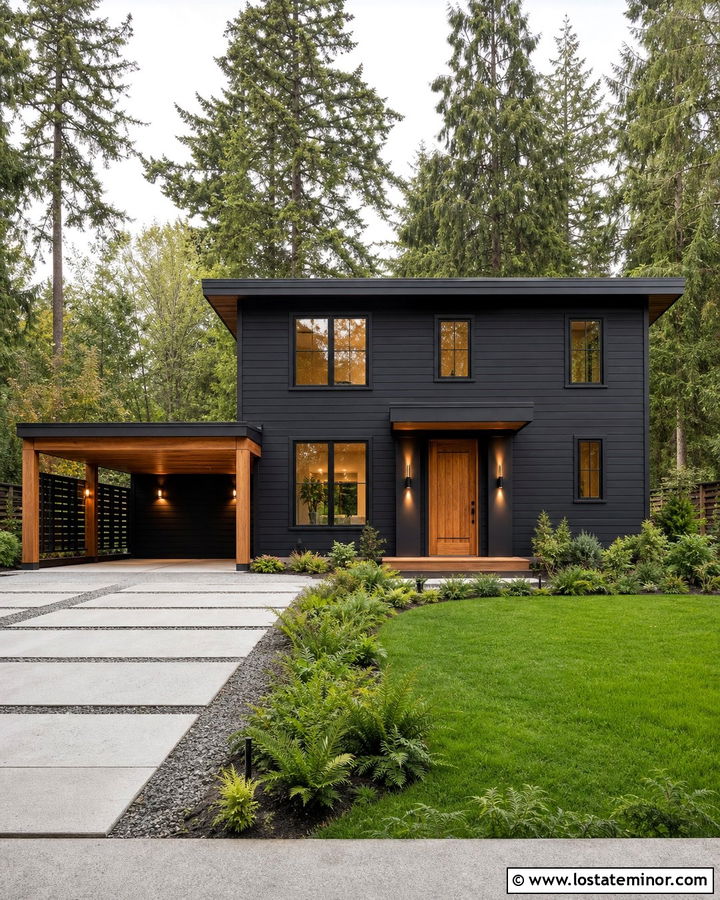 Black House With Cedar Carport - 30 Black House Design With Carport Ideas