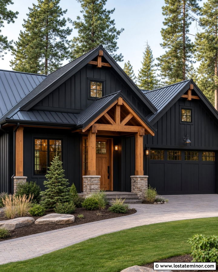 Black House With Cedar Front Door - 30 Black House Design With Front Door Ideas