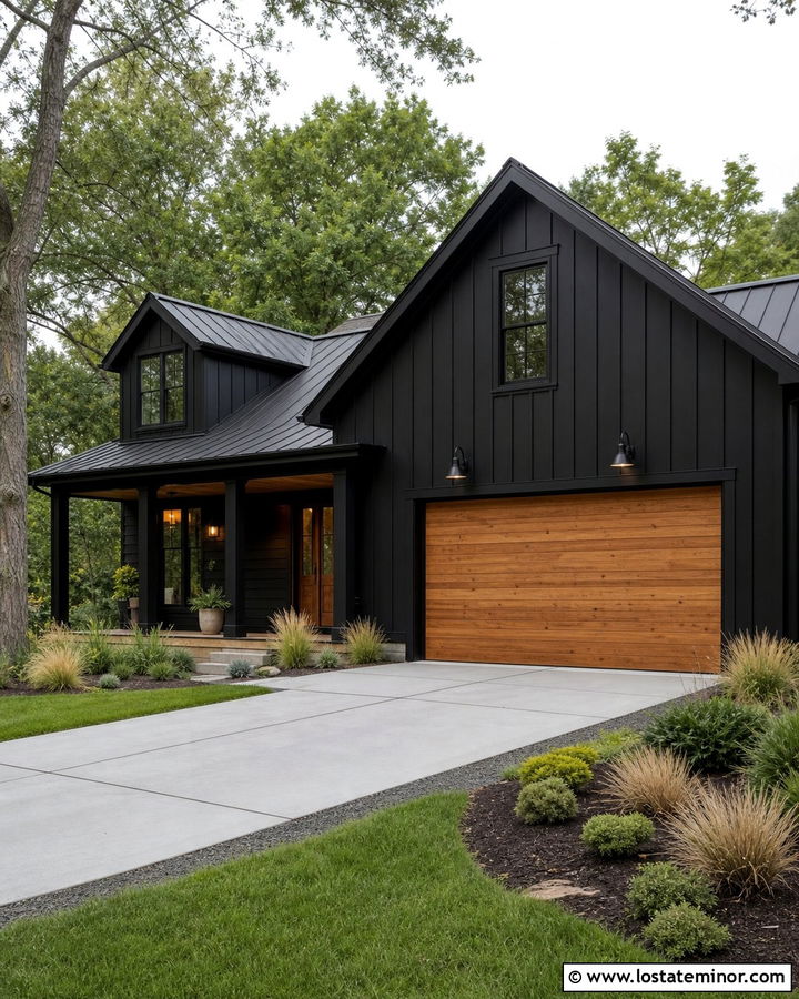 Black House With Cedar Garage Door - 30 Black House Design With Garage Door Ideas
