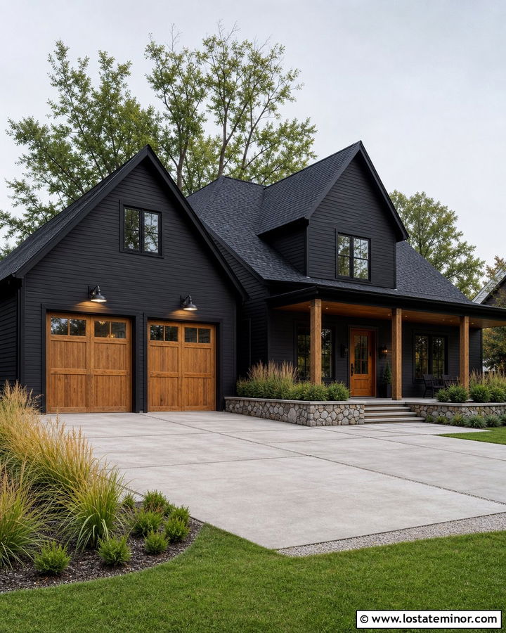 Black House With Cedar Garage Lighting - 30 Black House Design With Lighting Ideas