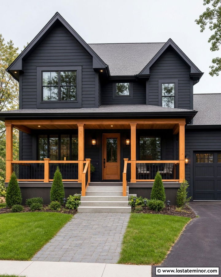Black House With Cedar Porch Railings - 30 Black House Design With Railings Ideas