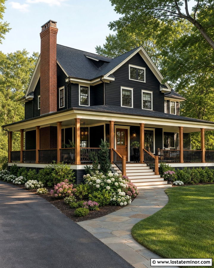 Black House With Chimney And Wraparound Porch - 30 Black House Design With Chimney Ideas