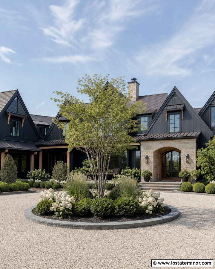 Black House With Circular Driveway Landscaping - 30 Black House Design With Landscaping Ideas