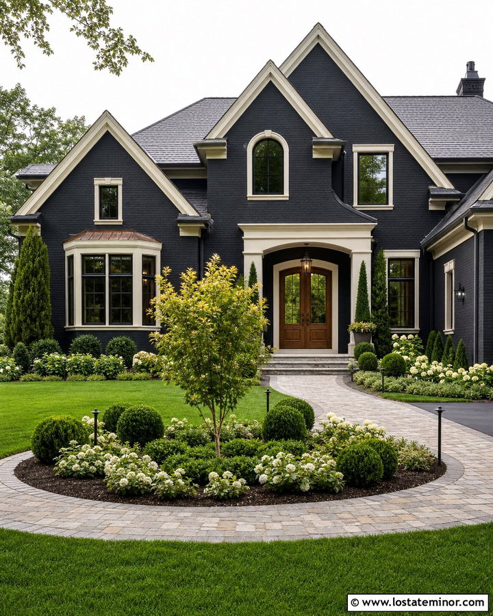Black House With Circular Paver Walkway - 30 Black House Design With Walkway Ideas