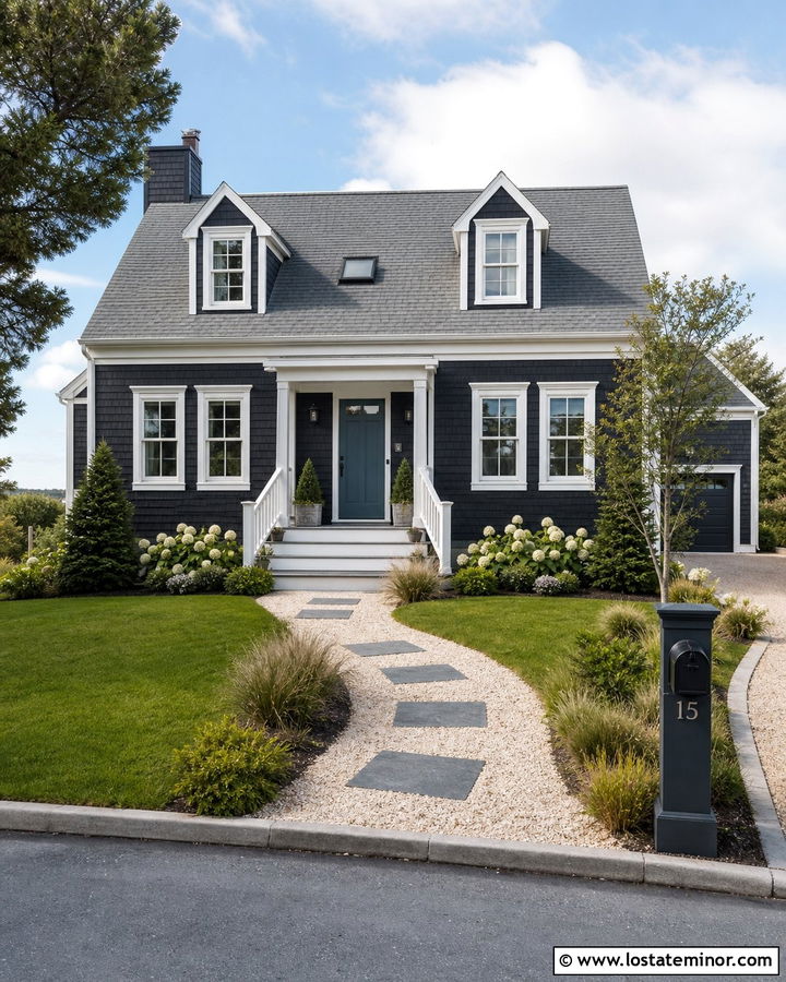Black House With Coastal Shell Walkway - 30 Black House Design With Walkway Ideas